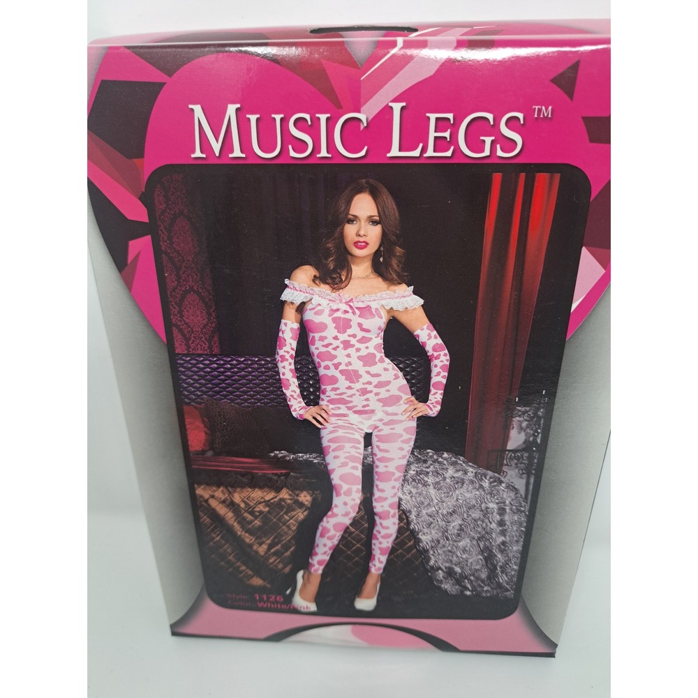 Music Legs Pink Cow Print Lace Ruffle Crotchless Bodystocking Arm Warmers OSFM